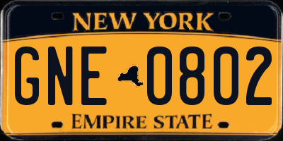 NY license plate GNE0802