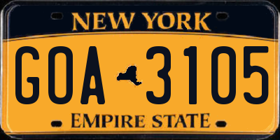 NY license plate GOA3105