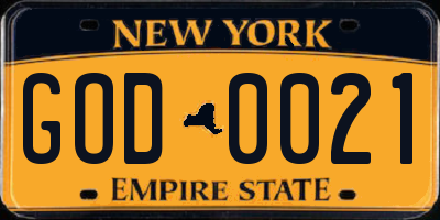 NY license plate GOD0021