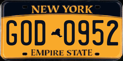 NY license plate GOD0952