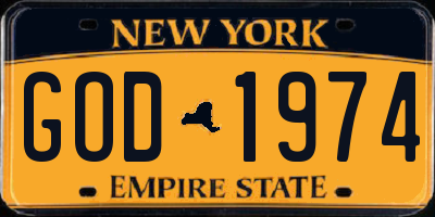 NY license plate GOD1974