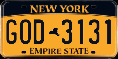 NY license plate GOD3131