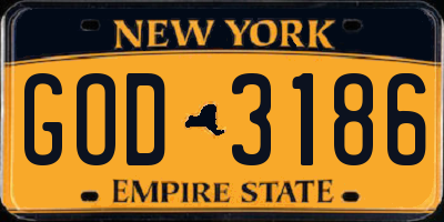 NY license plate GOD3186