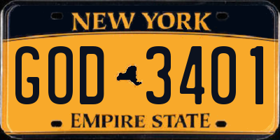 NY license plate GOD3401