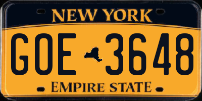 NY license plate GOE3648