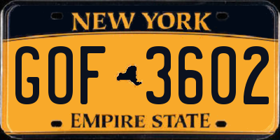 NY license plate GOF3602