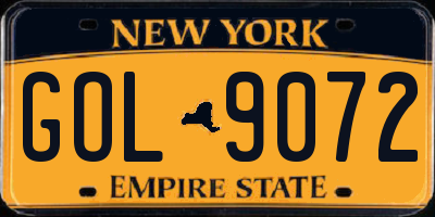 NY license plate GOL9072