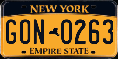 NY license plate GON0263