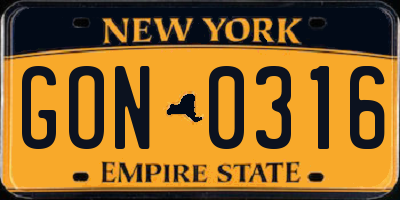 NY license plate GON0316