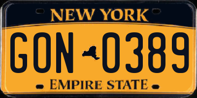 NY license plate GON0389