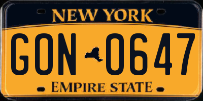 NY license plate GON0647