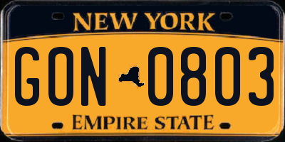 NY license plate GON0803