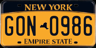 NY license plate GON0986