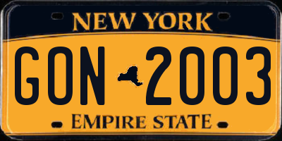NY license plate GON2003