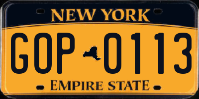 NY license plate GOP0113