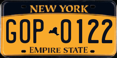 NY license plate GOP0122