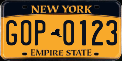 NY license plate GOP0123