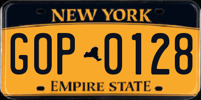 NY license plate GOP0128
