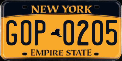 NY license plate GOP0205