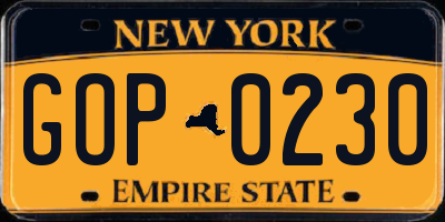 NY license plate GOP0230