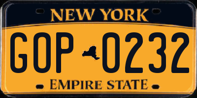 NY license plate GOP0232