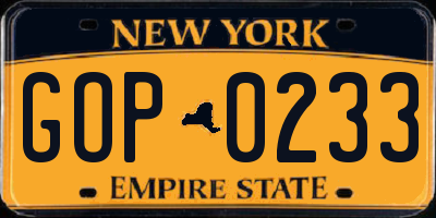 NY license plate GOP0233