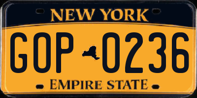 NY license plate GOP0236