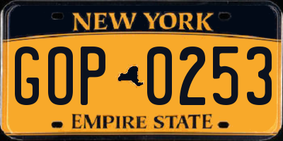 NY license plate GOP0253
