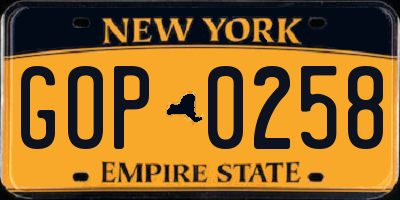 NY license plate GOP0258