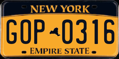 NY license plate GOP0316
