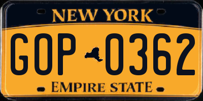 NY license plate GOP0362
