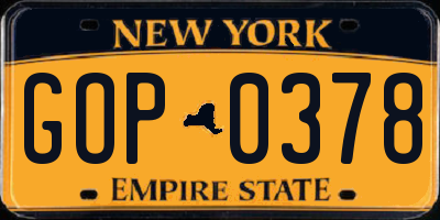 NY license plate GOP0378
