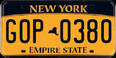 NY license plate GOP0380