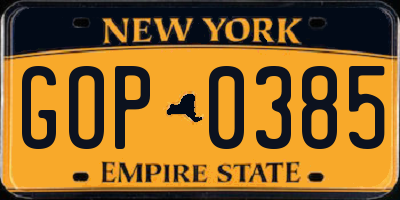 NY license plate GOP0385