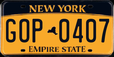 NY license plate GOP0407
