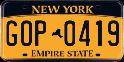 NY license plate GOP0419