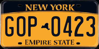 NY license plate GOP0423