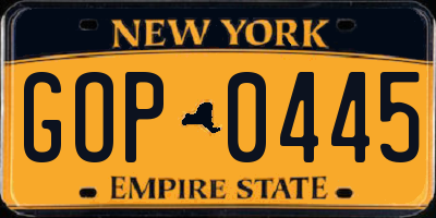 NY license plate GOP0445