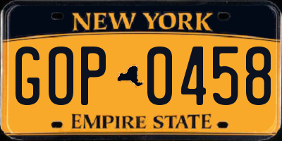 NY license plate GOP0458