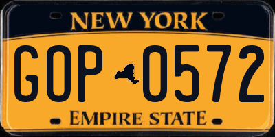 NY license plate GOP0572