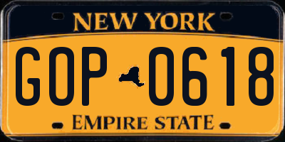 NY license plate GOP0618