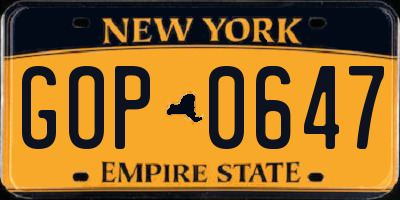 NY license plate GOP0647