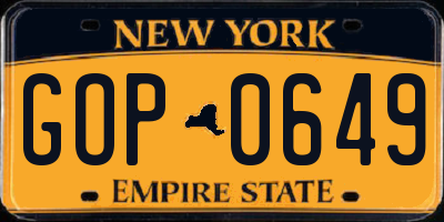 NY license plate GOP0649