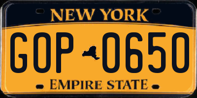 NY license plate GOP0650