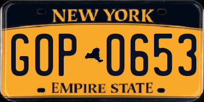 NY license plate GOP0653