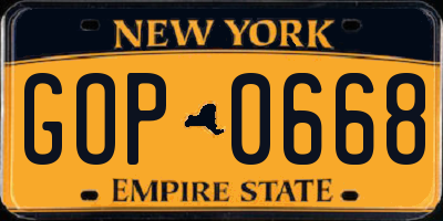 NY license plate GOP0668
