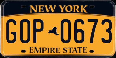 NY license plate GOP0673