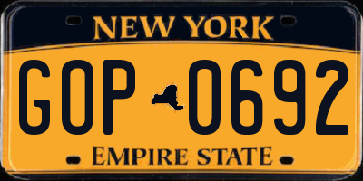 NY license plate GOP0692
