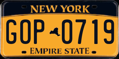 NY license plate GOP0719
