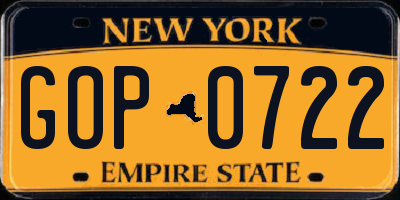 NY license plate GOP0722
